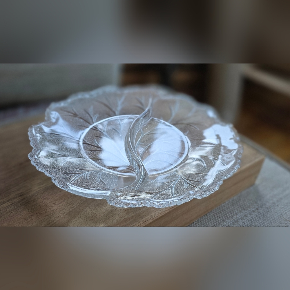 Indiana Glass Clear Divided Serving Plate with Leaf Motif